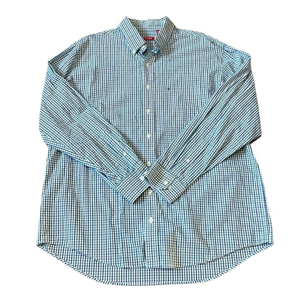 Izod Checkered button down shirt Green Blue Long sleeved Sz XL Tall 100% Cotton - Picture 1 of 14